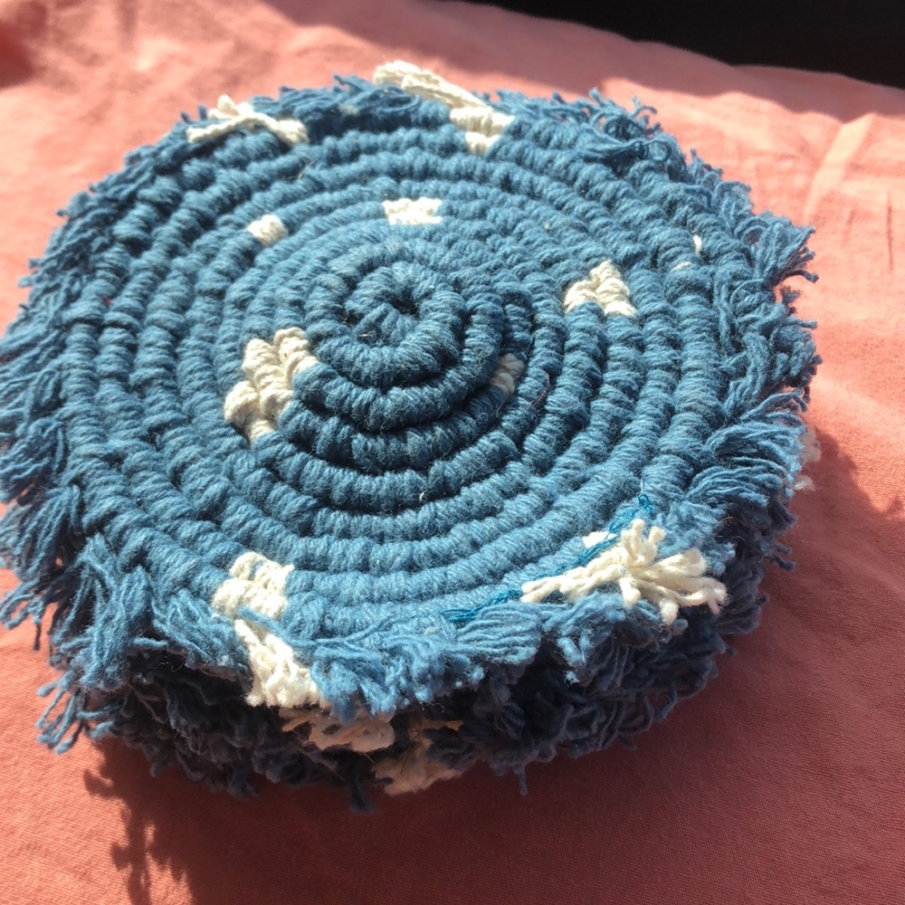 Danica Heirloom Indigo Blue White Fringe Coasters Coaster Set